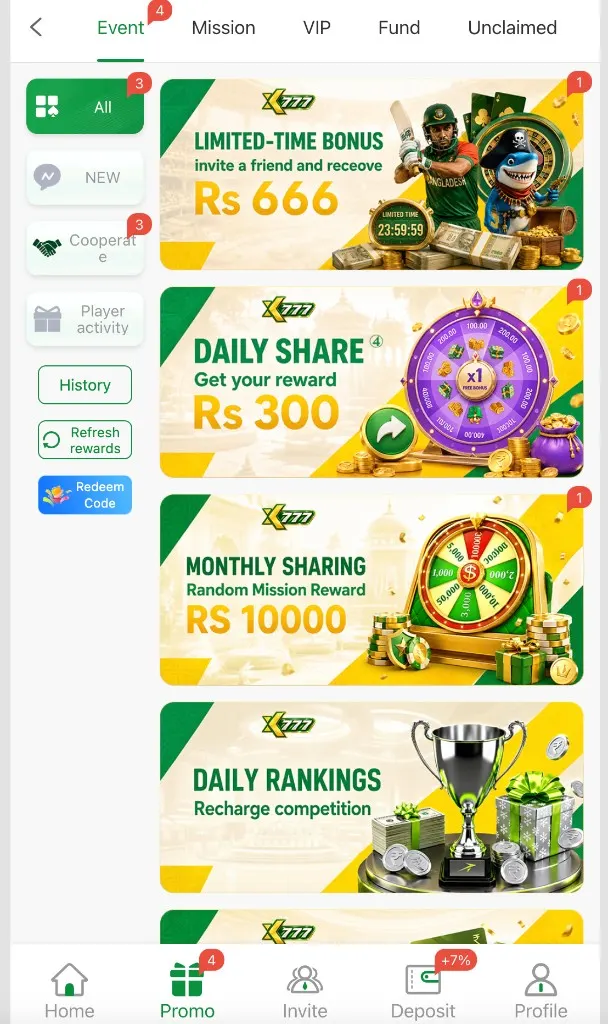 XK777 Game APK Download Pakistan 2026 promo events screen