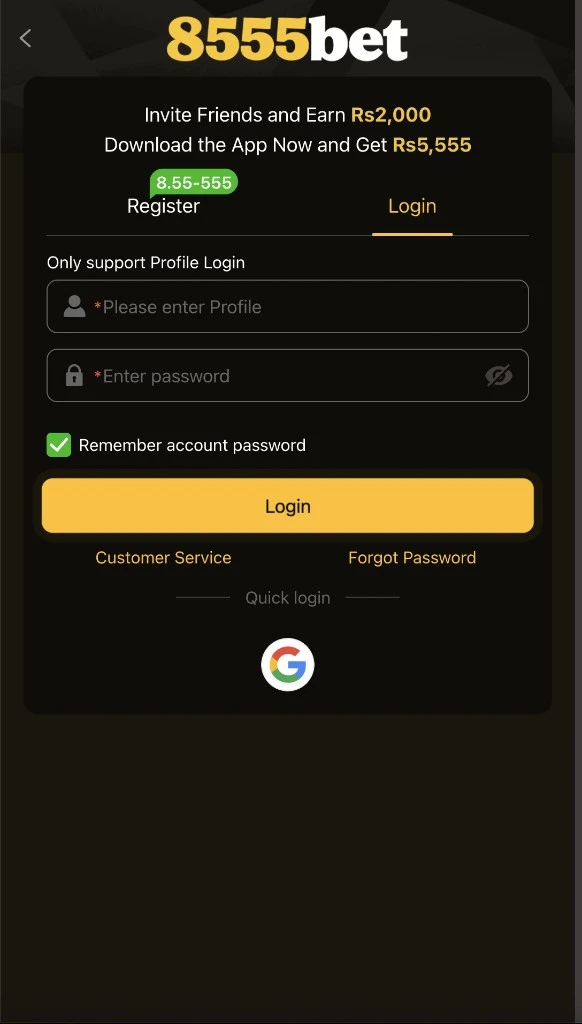 8555bet Game login screen with profile, password, remember password, Forgot Password, and Google quick login