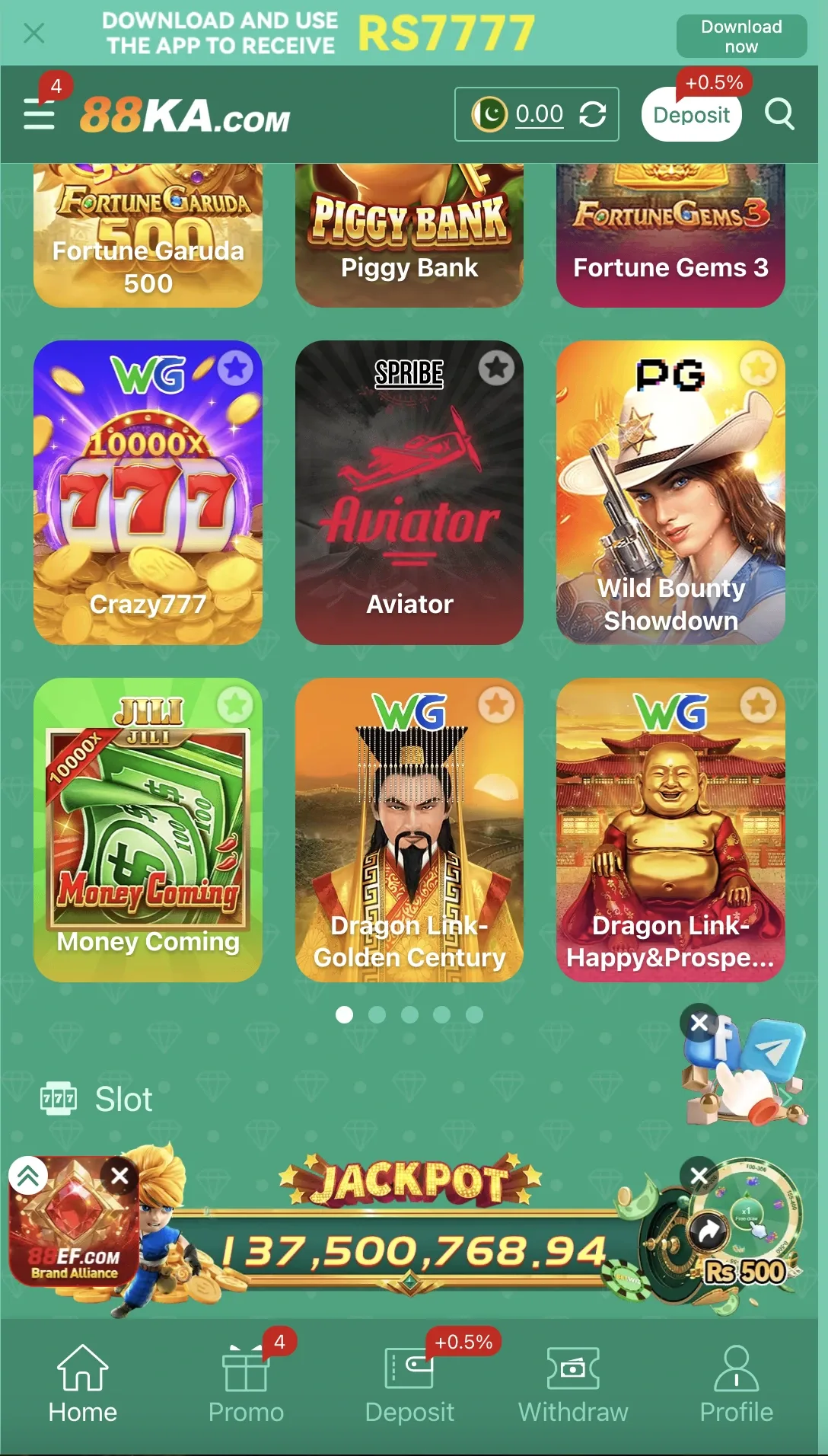 88ka Game home lobby with Aviator, JILI slots, Deposit, Withdraw, and Rs7777 download banner