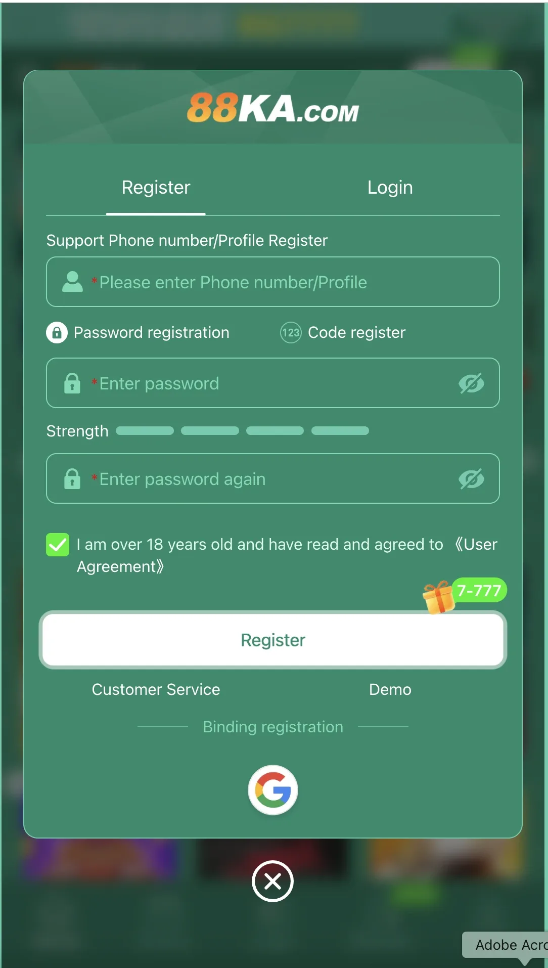 88ka Game register screen on 88KA.COM with phone field, password registration, 18+ checkbox, and Google bind