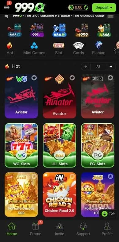 999q home screen with Hot, Slot, and Fishing tabs, Aviator, JILI slots, Fortune Garuda 500, and Chicken Road 2.0