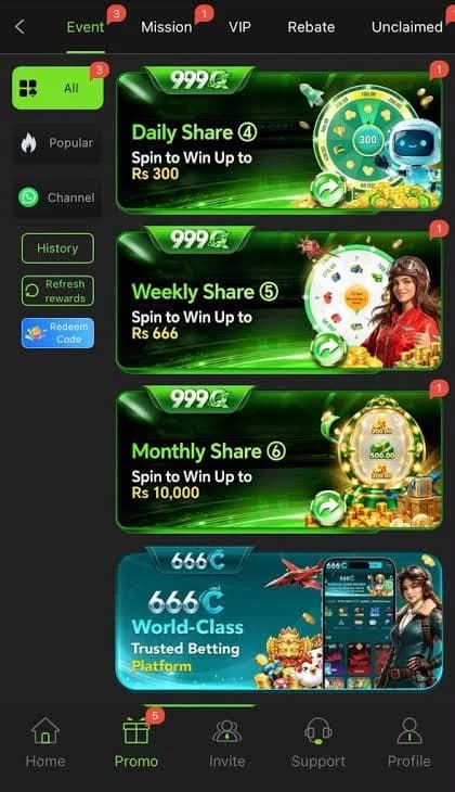 999q promo screen with daily, weekly, and monthly share spins