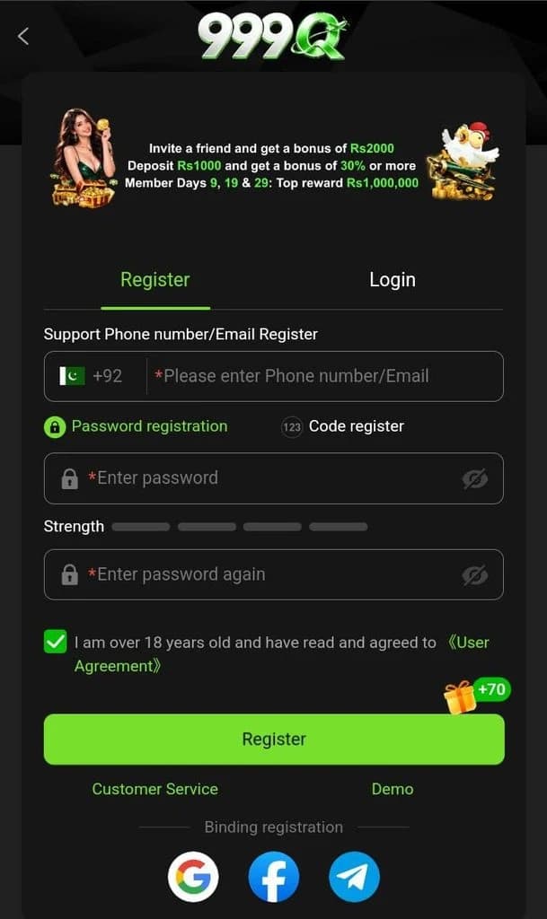 999q register screen with +92 phone field, password registration, 18+ checkbox, and Google, Facebook, and Telegram