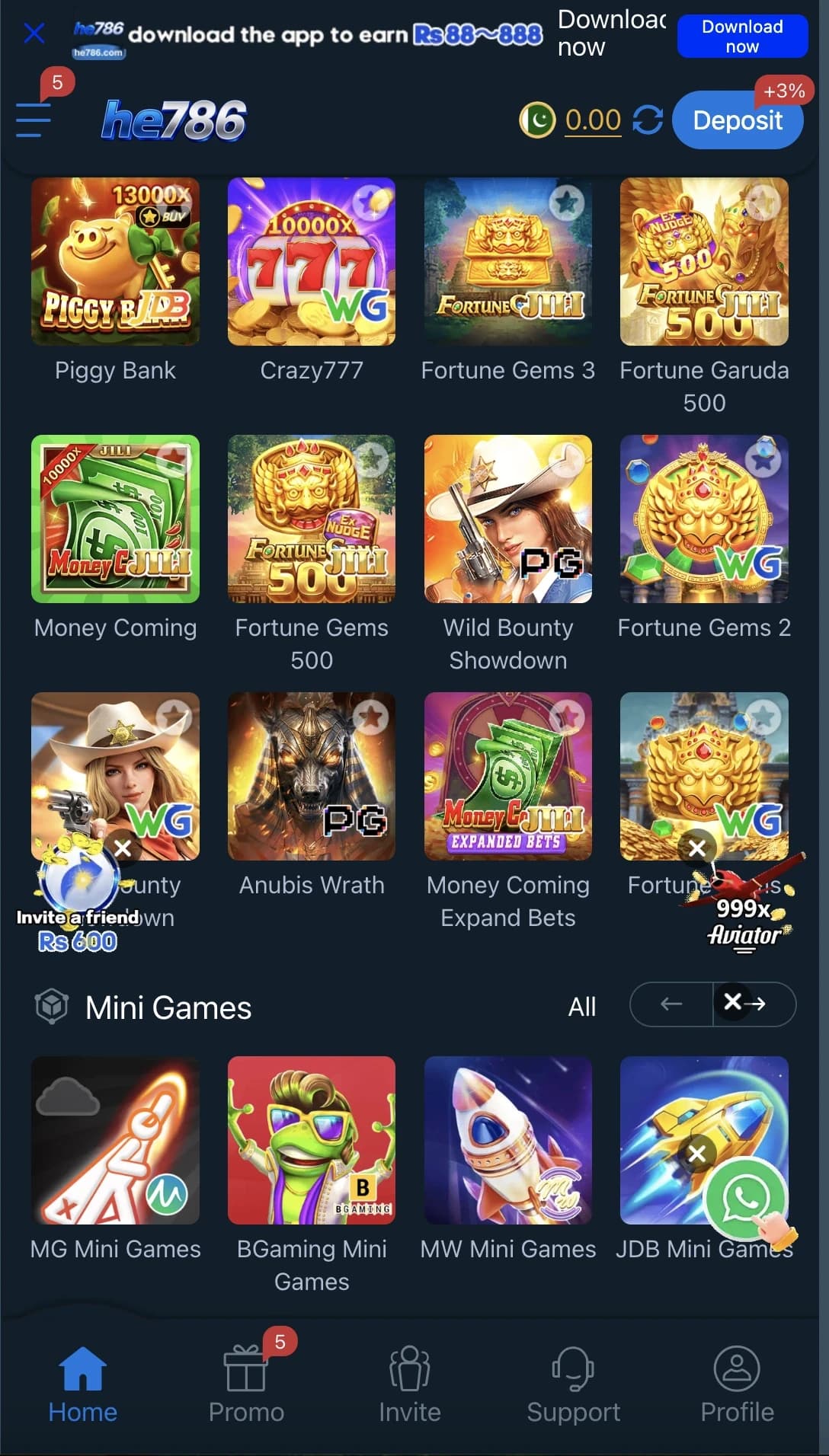 HE786 Game home lobby showing the he786 header, Deposit button, Fortune Gems 3, Crazy777, Piggy Bank, and Mini Games tiles