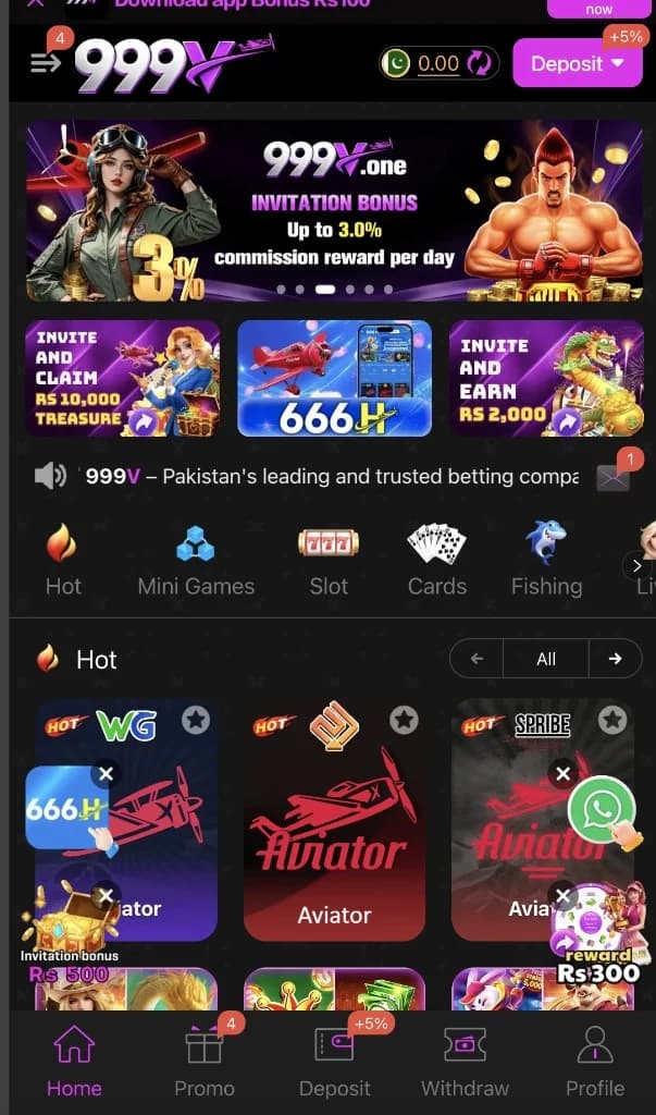 999V Game home lobby with Aviator tiles, Deposit, Promo, and invitation bonus banners