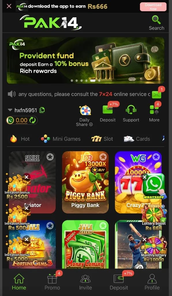 Pak14 Game home lobby with Aviator, slots, and deposit shortcuts